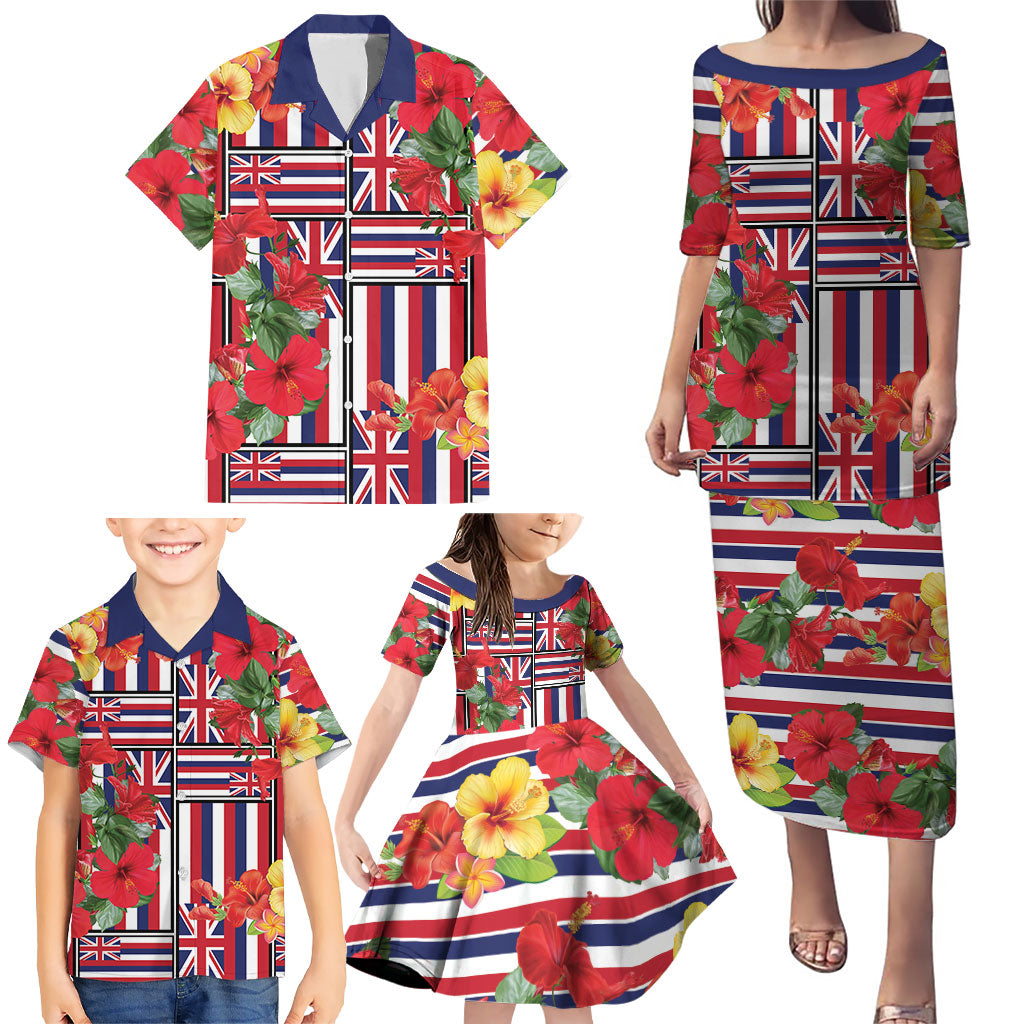 Hawaii Hibiscus Lei Family Matching Puletasi and Hawaiian Shirt Hawaiian Flag Motif