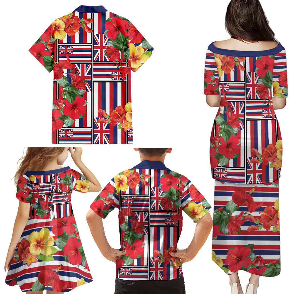 Hawaii Hibiscus Lei Family Matching Puletasi and Hawaiian Shirt Hawaiian Flag Motif