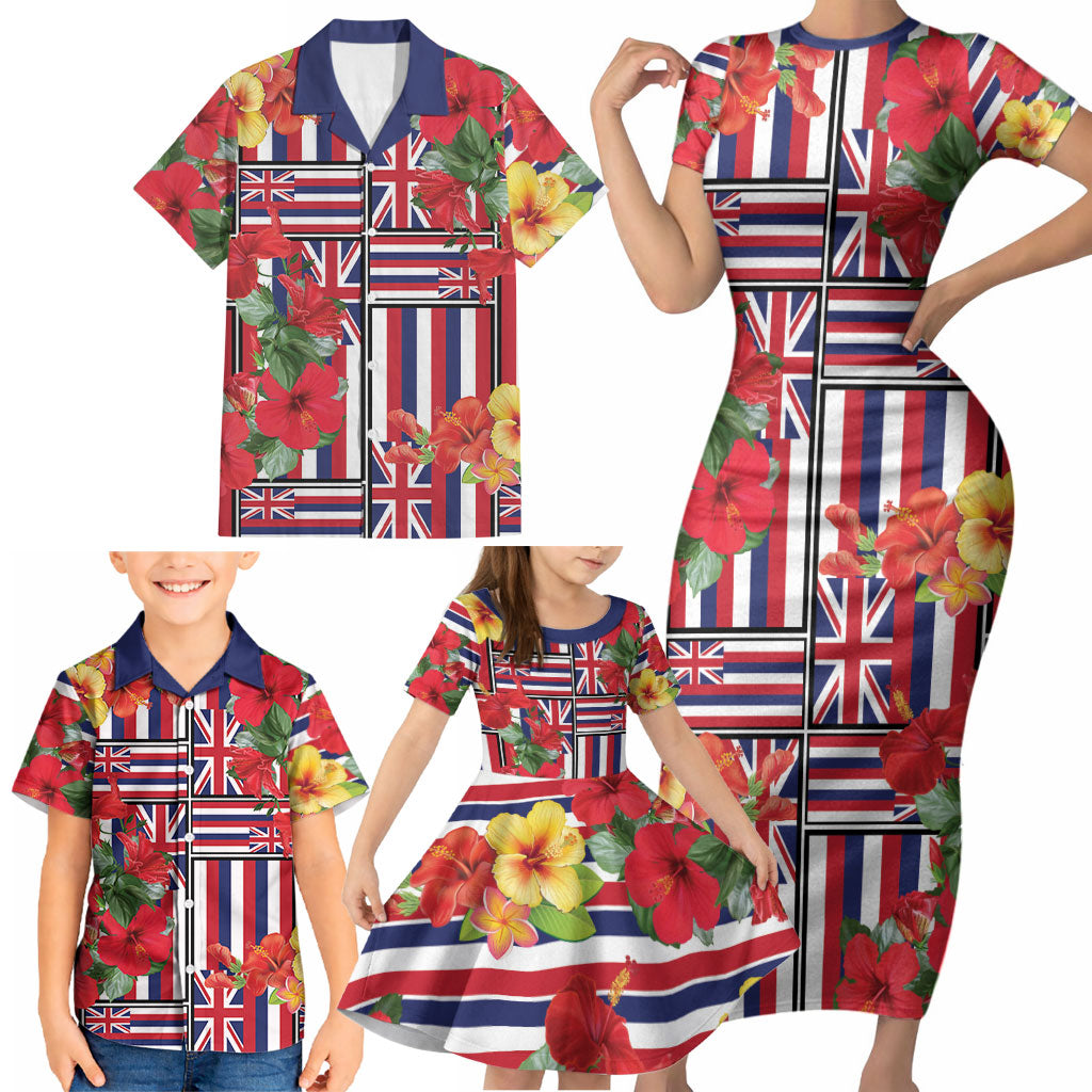 Hawaii Hibiscus Lei Family Matching Short Sleeve Bodycon Dress and Hawaiian Shirt Hawaiian Flag Motif LT9 - Polynesian Pride