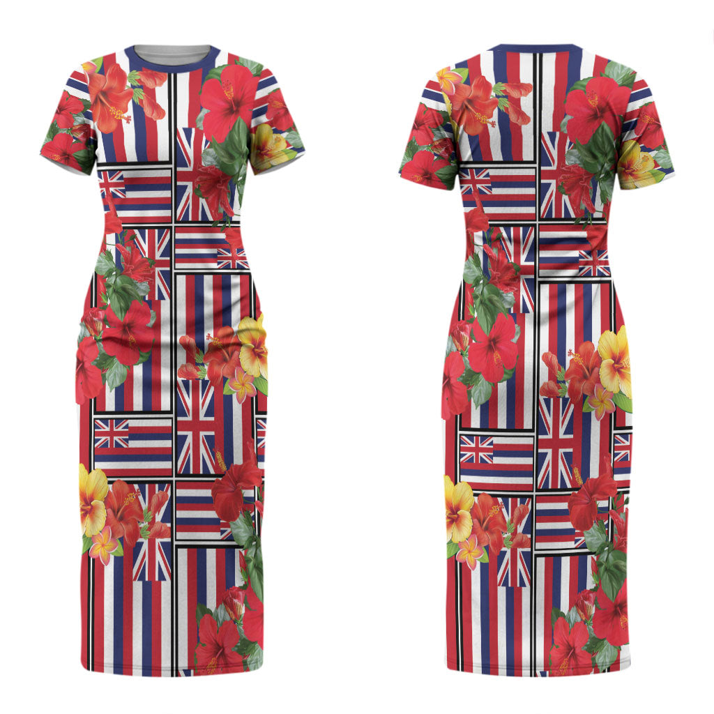 Hawaii Hibiscus Lei Family Matching Short Sleeve Bodycon Dress and Hawaiian Shirt Hawaiian Flag Motif LT9 Mom's Dress Red - Polynesian Pride