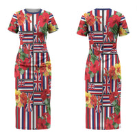 Hawaii Hibiscus Lei Family Matching Short Sleeve Bodycon Dress and Hawaiian Shirt Hawaiian Flag Motif LT9 Mom's Dress Red - Polynesian Pride