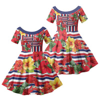 Hawaii Hibiscus Lei Family Matching Short Sleeve Bodycon Dress and Hawaiian Shirt Hawaiian Flag Motif LT9 Daughter's Dress Red - Polynesian Pride