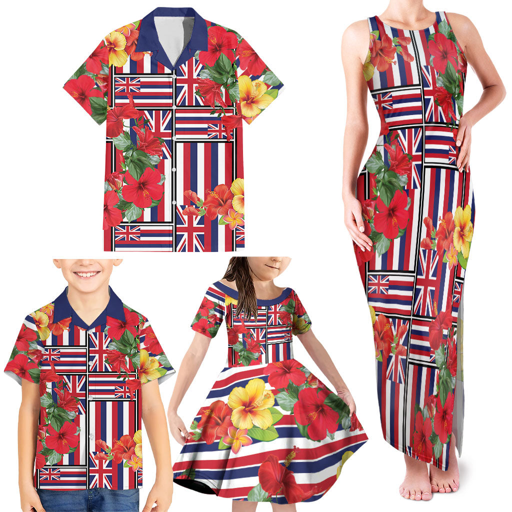 Hawaii Hibiscus Lei Family Matching Tank Maxi Dress and Hawaiian Shirt Hawaiian Flag Motif LT9 - Polynesian Pride