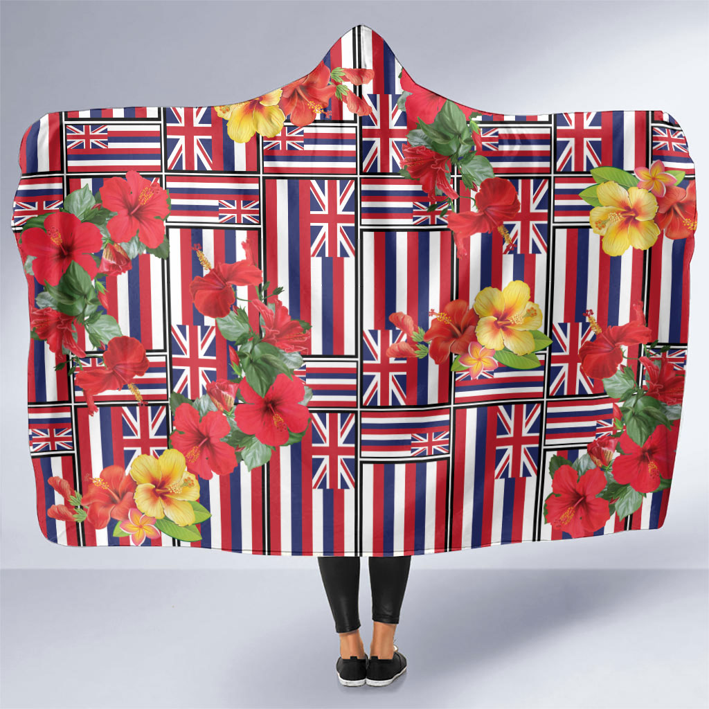 Hawaii Hibiscus Lei Hooded Blanket Hawaiian Flag Motif LT9 One Size Red - Polynesian Pride