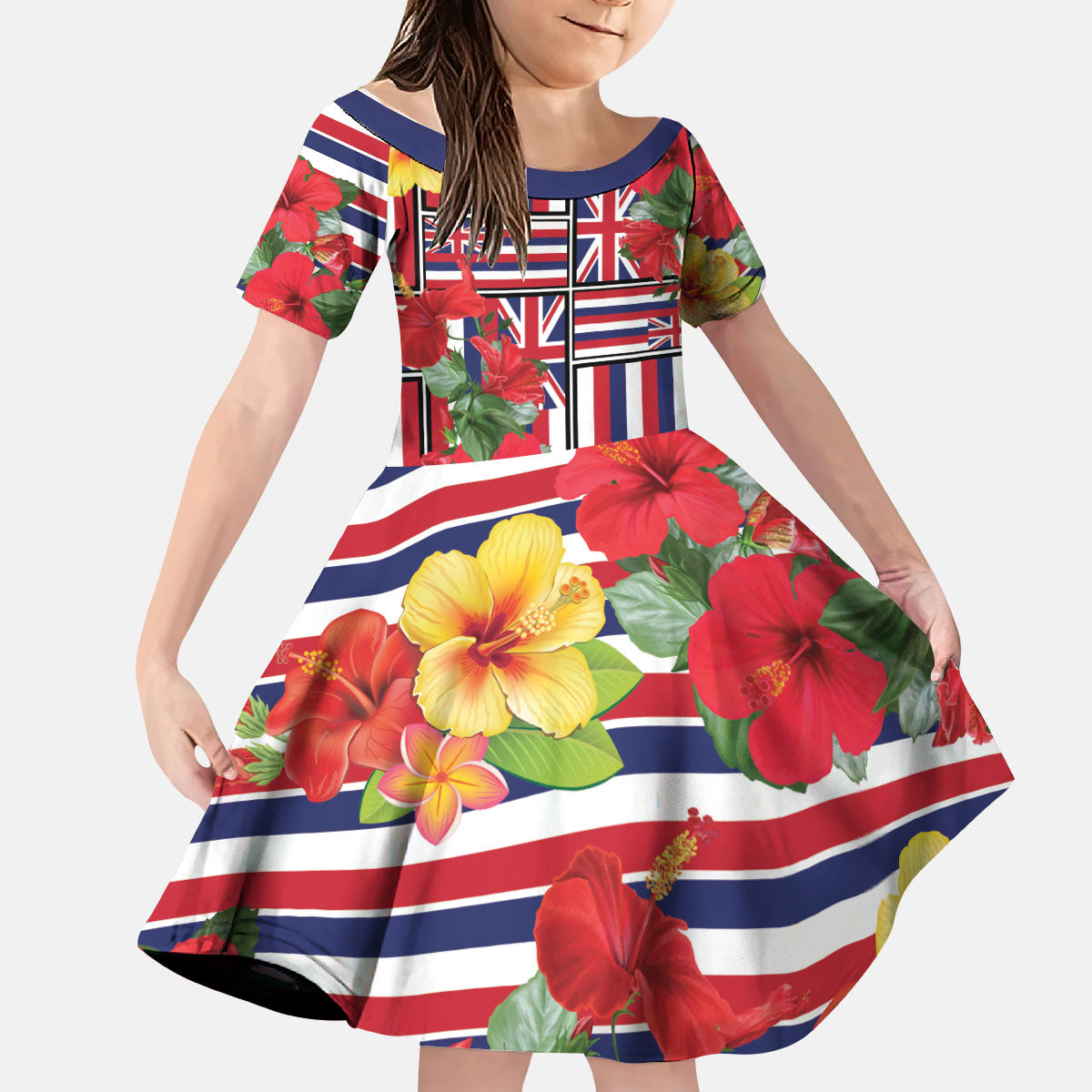 Hawaii Hibiscus Lei Kid Short Sleeve Dress Hawaiian Flag Motif