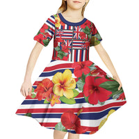 Hawaii Hibiscus Lei Kid Short Sleeve Dress Hawaiian Flag Motif