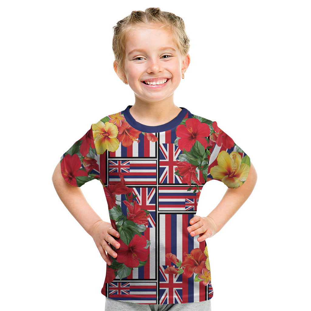 Hawaii Hibiscus Lei Kid T Shirt Hawaiian Flag Motif LT9 Red - Polynesian Pride
