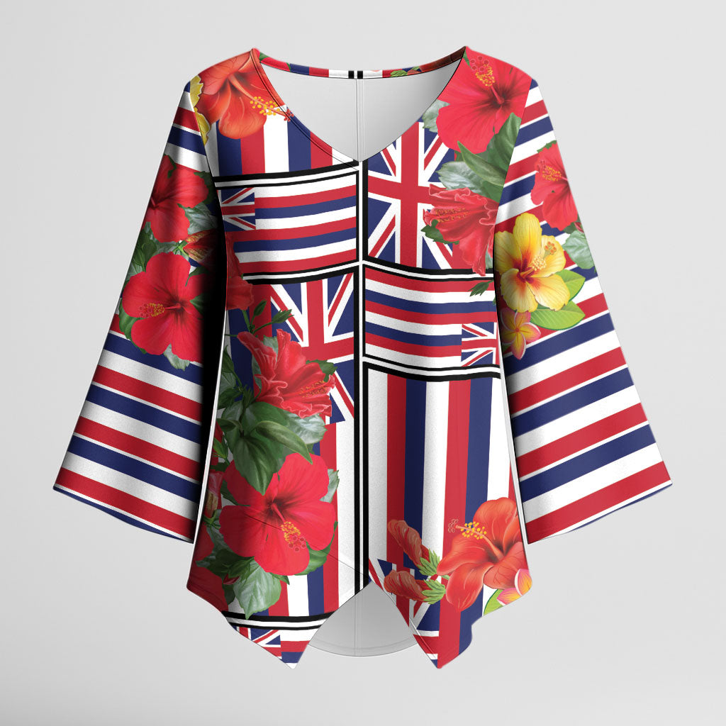 Hawaii Hibiscus Lei Kimono Sleeve Blouse Hawaiian Flag Motif LT9 Female Red - Polynesian Pride
