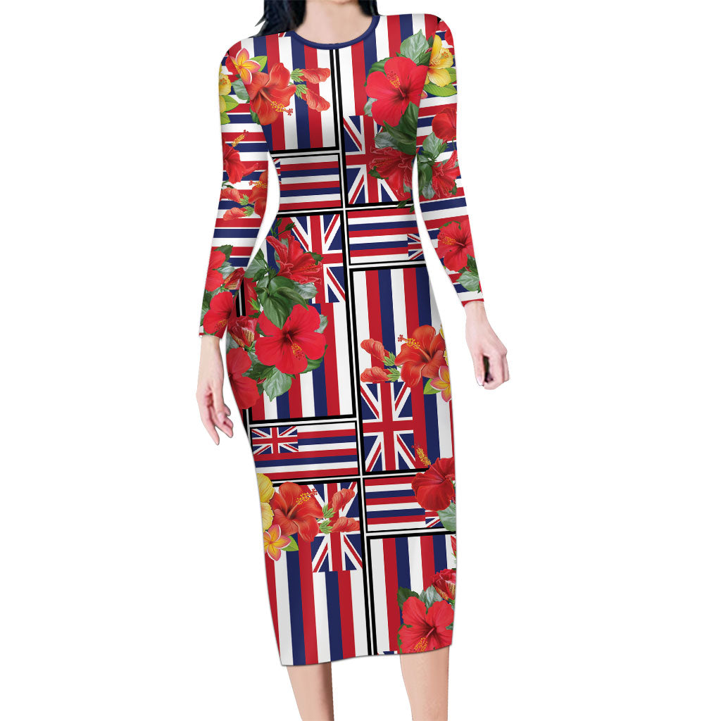 Hawaii Hibiscus Lei Long Sleeve Bodycon Dress Hawaiian Flag Motif LT9 Long Dress Red - Polynesian Pride