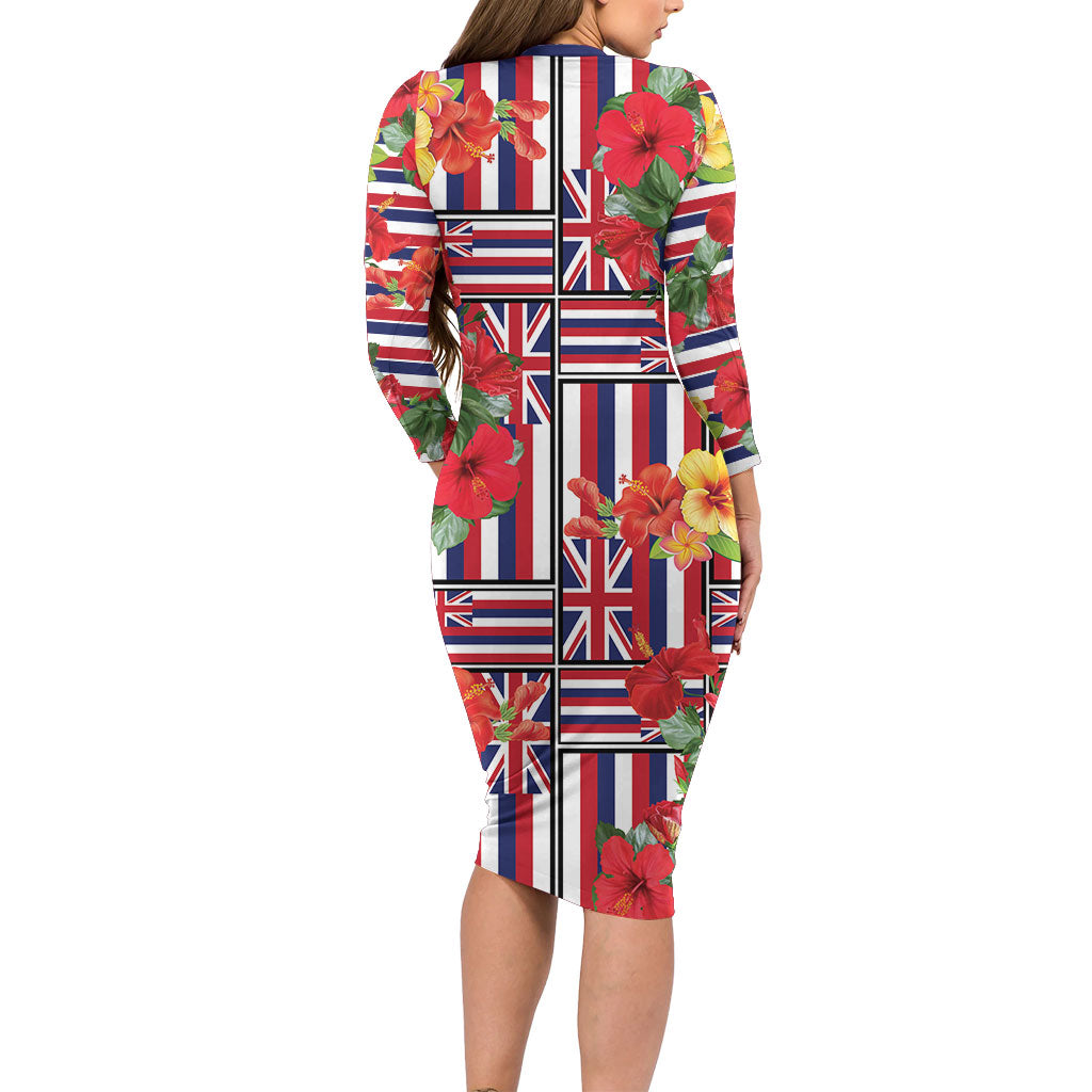 Hawaii Hibiscus Lei Long Sleeve Bodycon Dress Hawaiian Flag Motif LT9 - Polynesian Pride