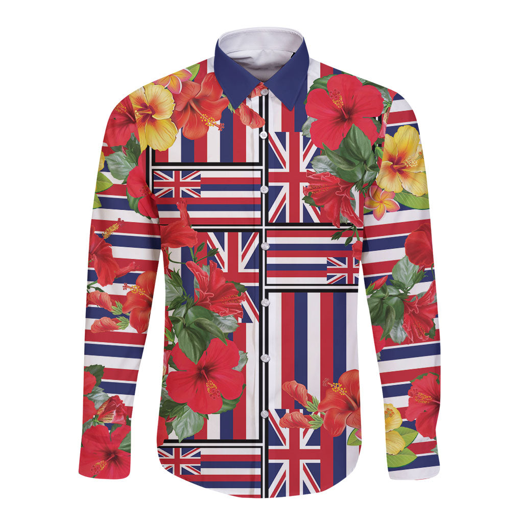 Hawaii Hibiscus Lei Long Sleeve Button Shirt Hawaiian Flag Motif LT9 Unisex Red - Polynesian Pride