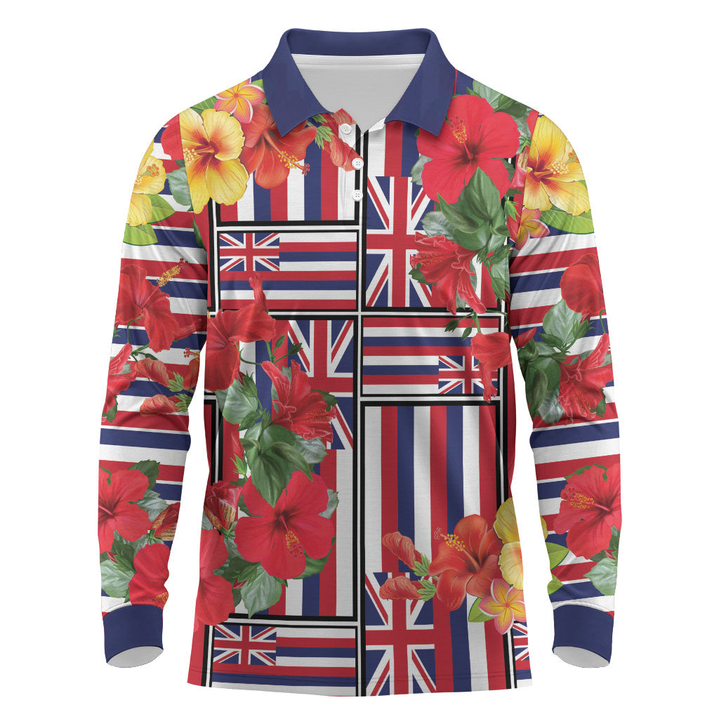 Hawaii Hibiscus Lei Long Sleeve Polo Shirt Hawaiian Flag Motif LT9 Red - Polynesian Pride