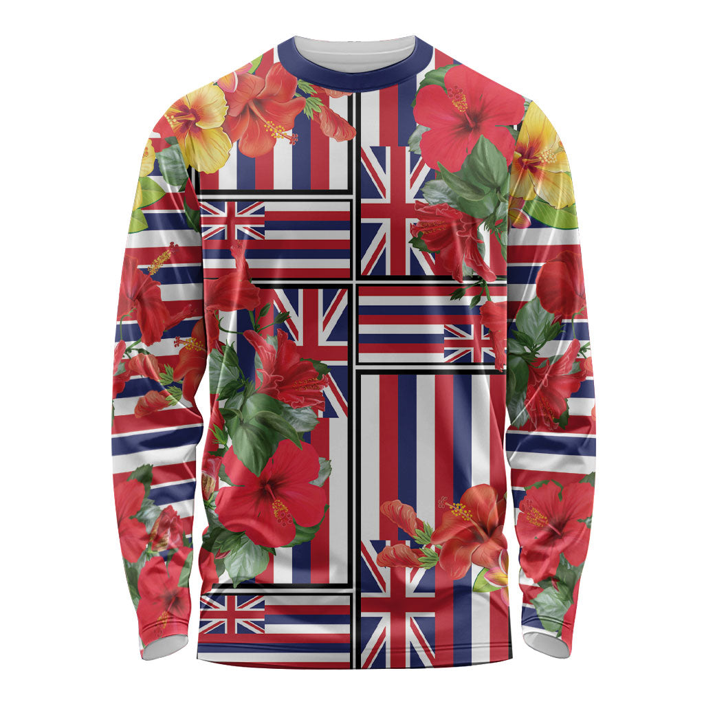 Hawaii Hibiscus Lei Long Sleeve Shirt Hawaiian Flag Motif LT9 Unisex Red - Polynesian Pride