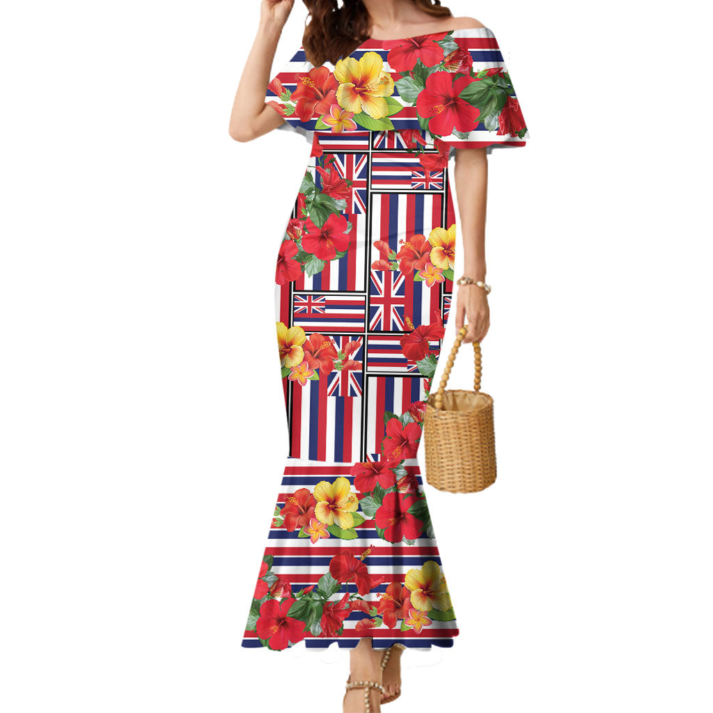 Hawaii Hibiscus Lei Mermaid Dress Hawaiian Flag Motif