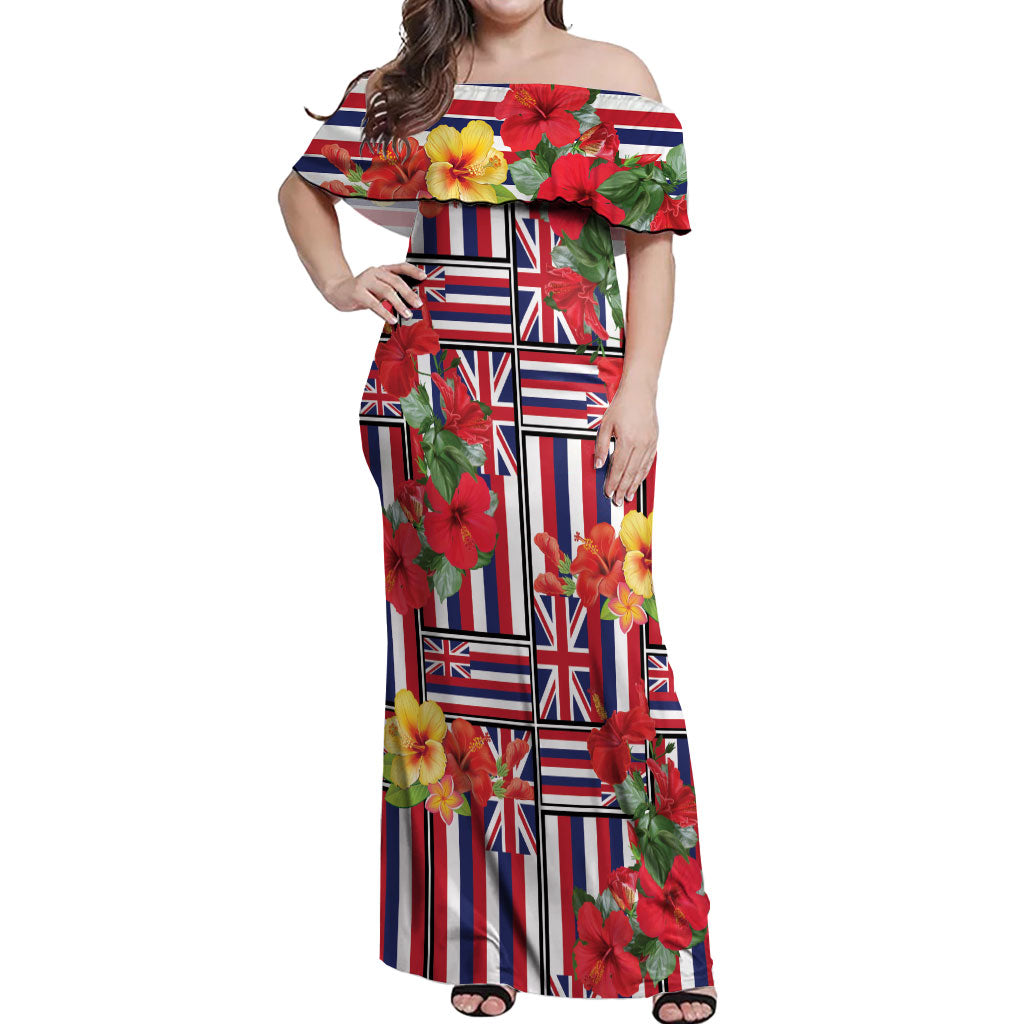 Hawaii Hibiscus Lei Off Shoulder Maxi Dress Hawaiian Flag Motif LT9 Women Red - Polynesian Pride