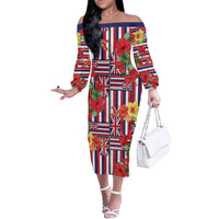 Hawaii Hibiscus Lei Off The Shoulder Long Sleeve Dress Hawaiian Flag Motif LT9 Women Red - Polynesian Pride