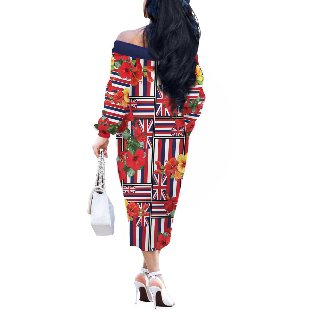 Hawaii Hibiscus Lei Off The Shoulder Long Sleeve Dress Hawaiian Flag Motif LT9 - Polynesian Pride