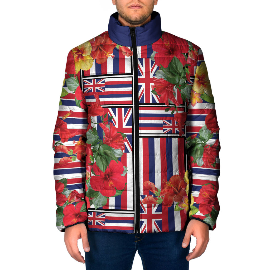 Hawaii Hibiscus Lei Padded Jacket Hawaiian Flag Motif