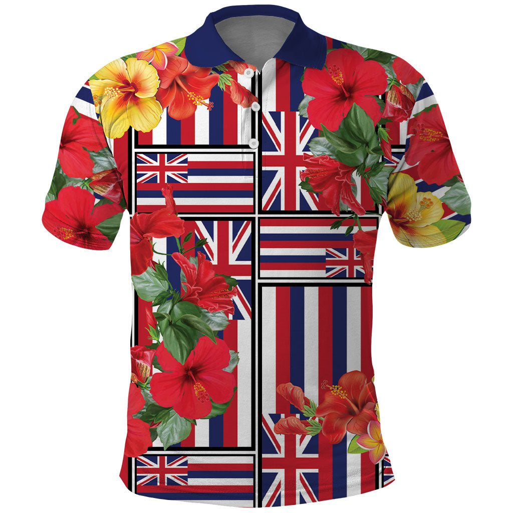 Hawaii Hibiscus Lei Polo Shirt Hawaiian Flag Motif LT9 Red - Polynesian Pride