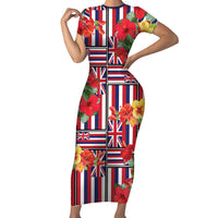 Hawaii Hibiscus Lei Short Sleeve Bodycon Dress Hawaiian Flag Motif LT9 Long Dress Red - Polynesian Pride