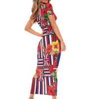 Hawaii Hibiscus Lei Short Sleeve Bodycon Dress Hawaiian Flag Motif LT9 - Polynesian Pride