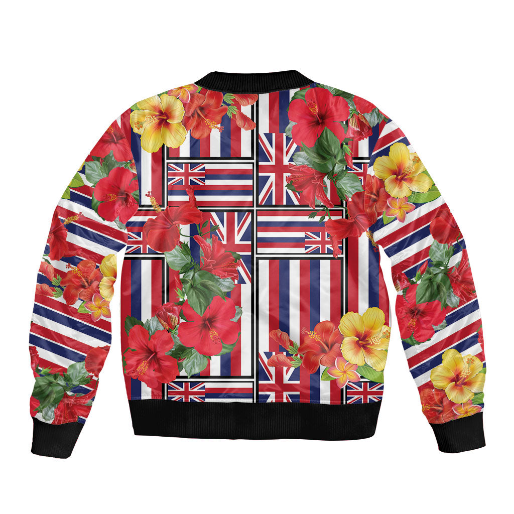 Hawaii Hibiscus Lei Sleeve Zip Bomber Jacket Hawaiian Flag Motif