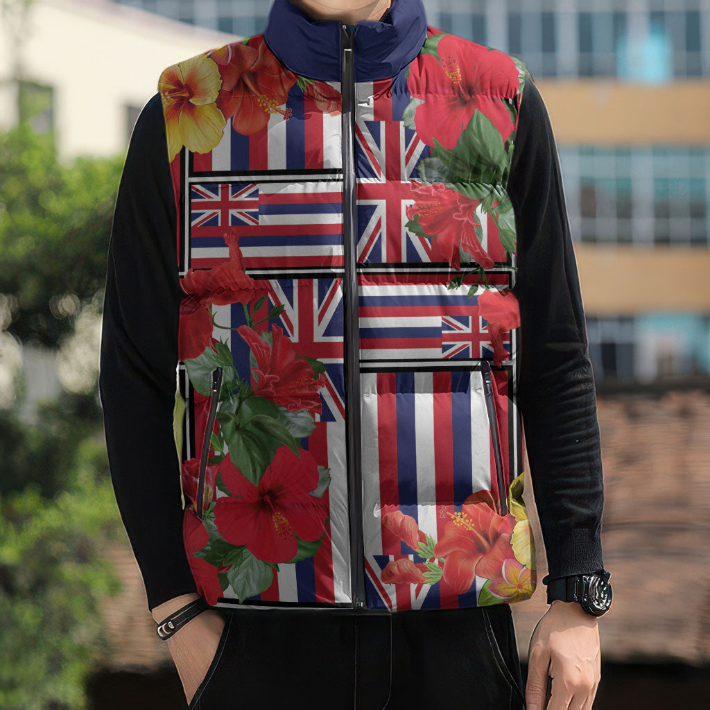 Hawaii Hibiscus Lei Sleeveless Puffer Jacket Hawaiian Flag Motif