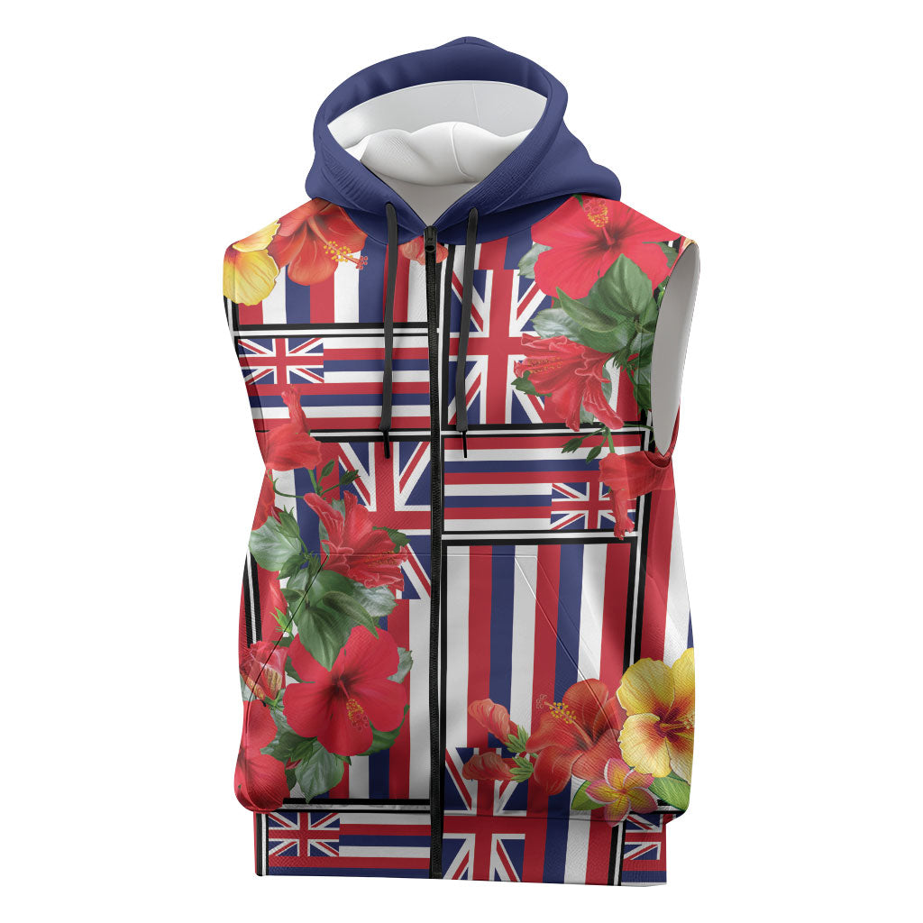 Hawaii Hibiscus Lei Sleeveless Zip Hoodie Hawaiian Flag Motif LT9 Red - Polynesian Pride