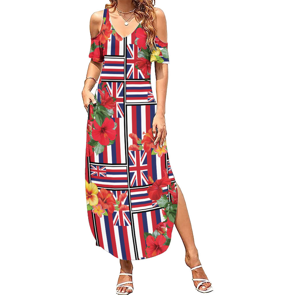 Hawaii Hibiscus Lei Summer Maxi Dress Hawaiian Flag Motif LT9 Women Red - Polynesian Pride