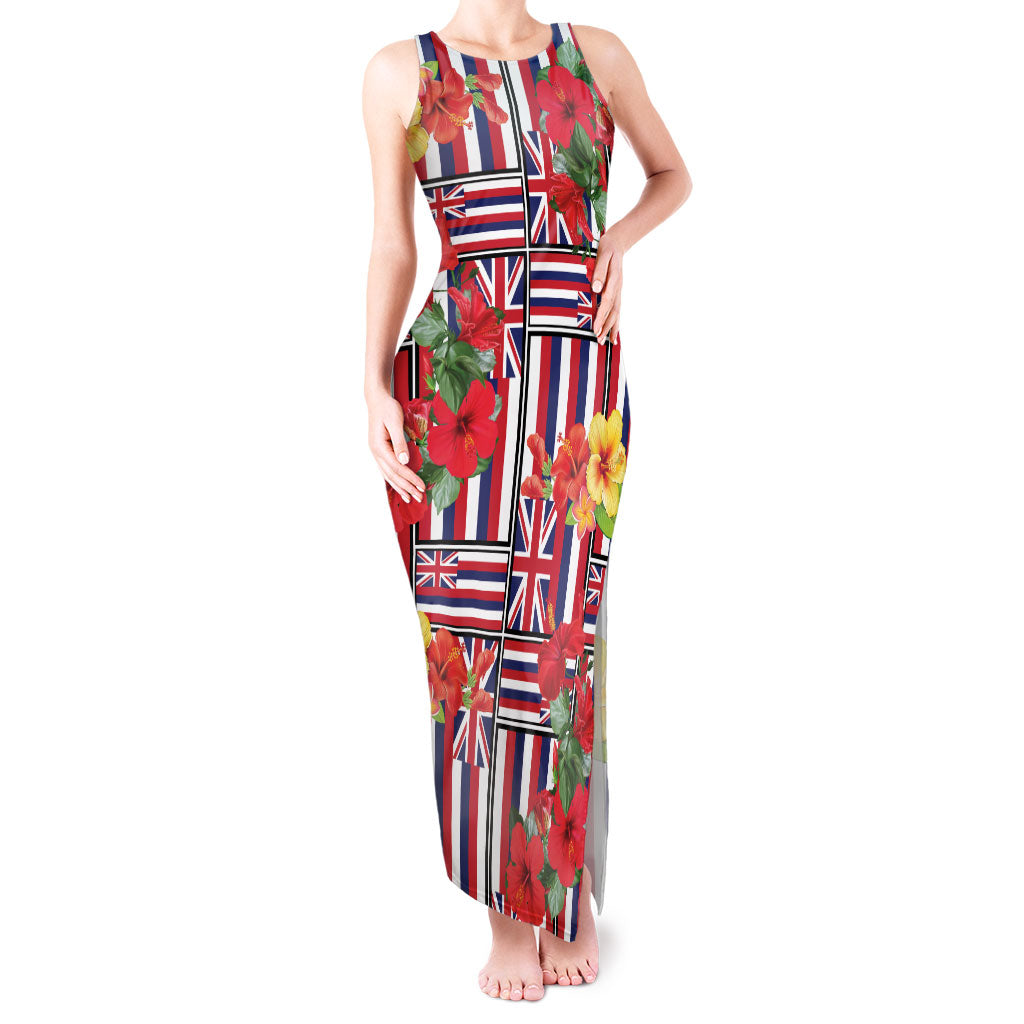 Hawaii Hibiscus Lei Tank Maxi Dress Hawaiian Flag Motif LT9 Women Red - Polynesian Pride