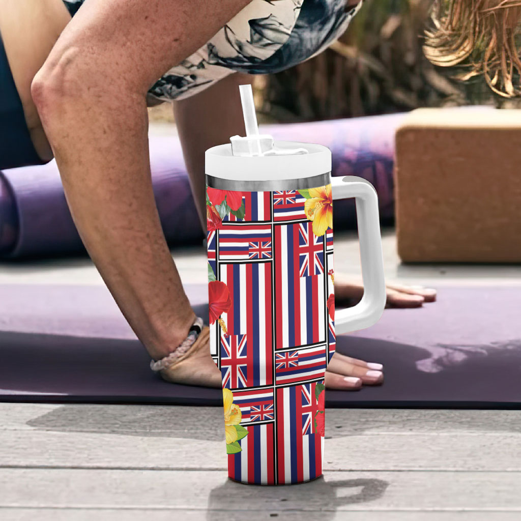 Hawaii Hibiscus Lei Tumbler With Handle Hawaiian Flag Motif