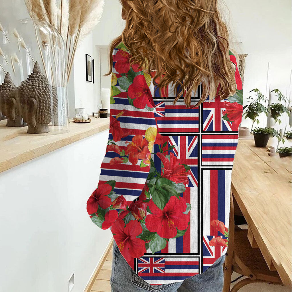 Hawaii Hibiscus Lei Women Casual Shirt Hawaiian Flag Motif LT9 - Polynesian Pride