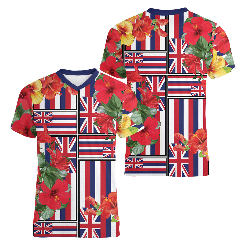 Hawaii Hibiscus Lei Women V-Neck T-Shirt Hawaiian Flag Motif