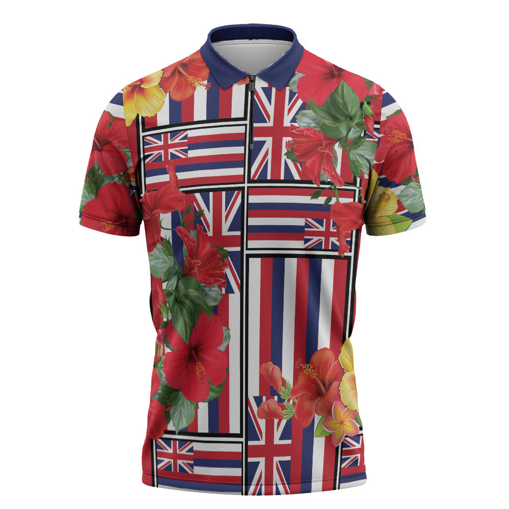 Hawaii Hibiscus Lei Zipper Polo Shirt Hawaiian Flag Motif