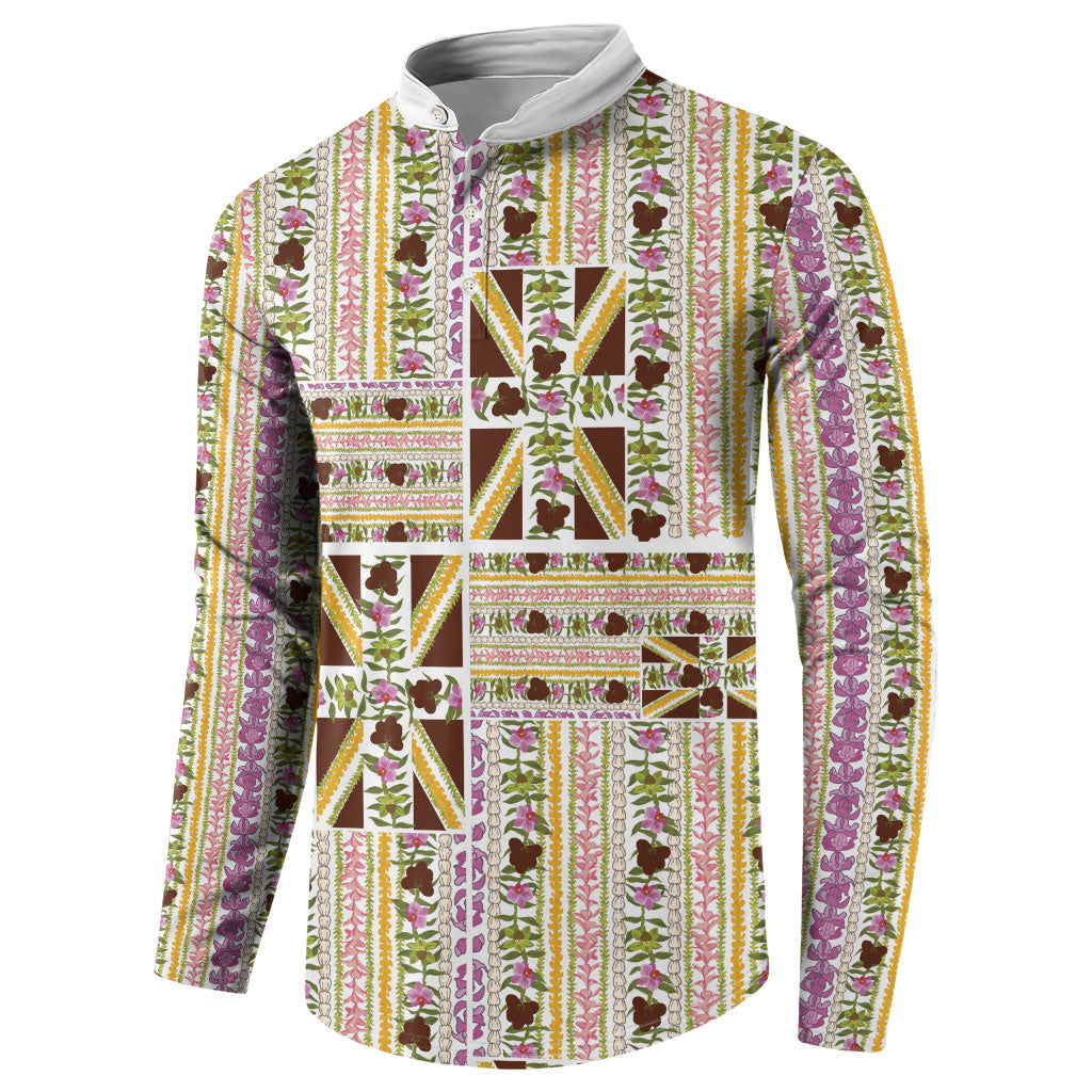 Hawaii Lokelani Pikake Lei Button Sweatshirt Hawaiian Flag Motif