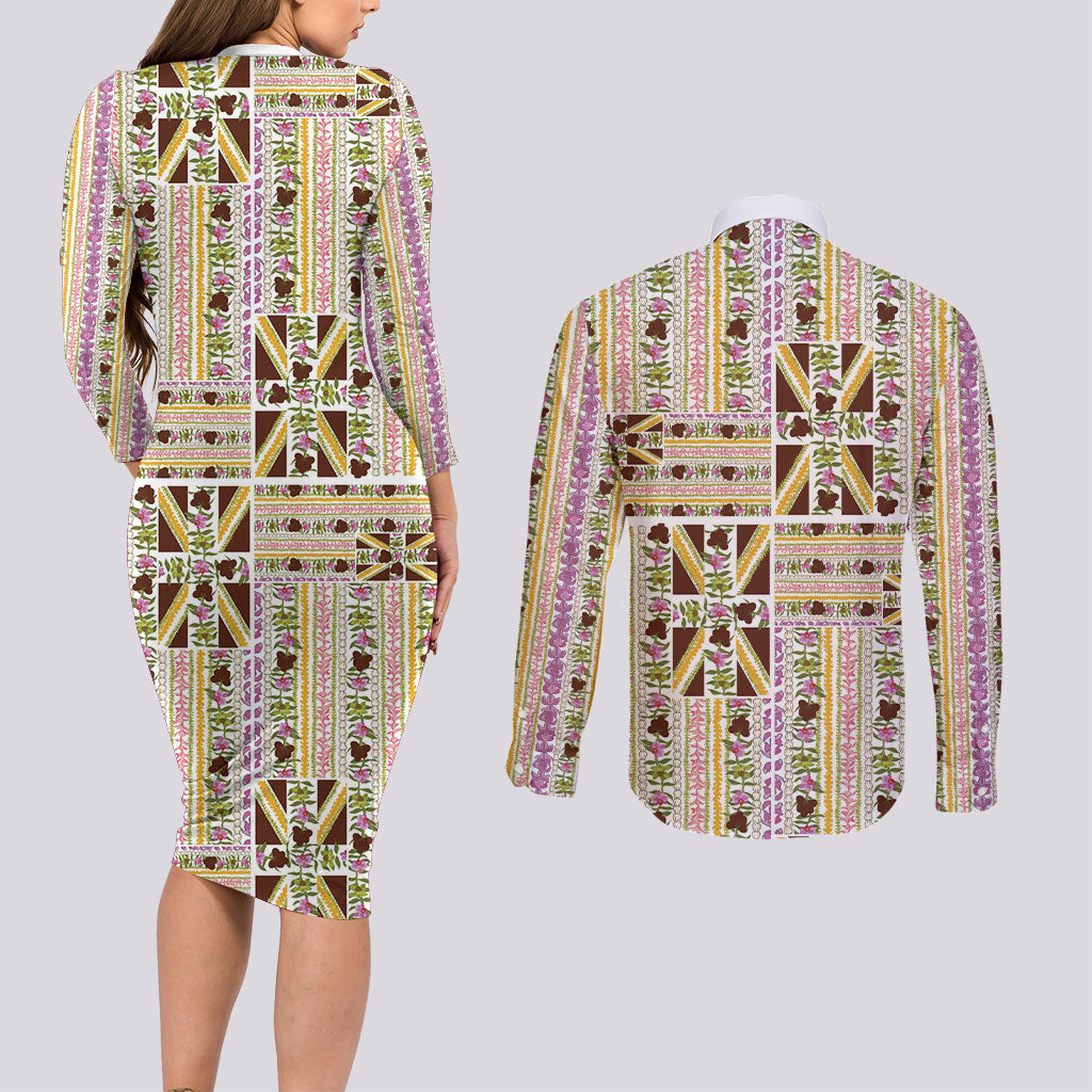 Hawaii Lokelani Pikake Lei Couples Matching Long Sleeve Bodycon Dress and Long Sleeve Button Shirt Hawaiian Flag Motif