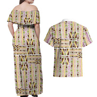 Hawaii Lokelani Pikake Lei Couples Matching Off Shoulder Maxi Dress and Hawaiian Shirt Hawaiian Flag Motif