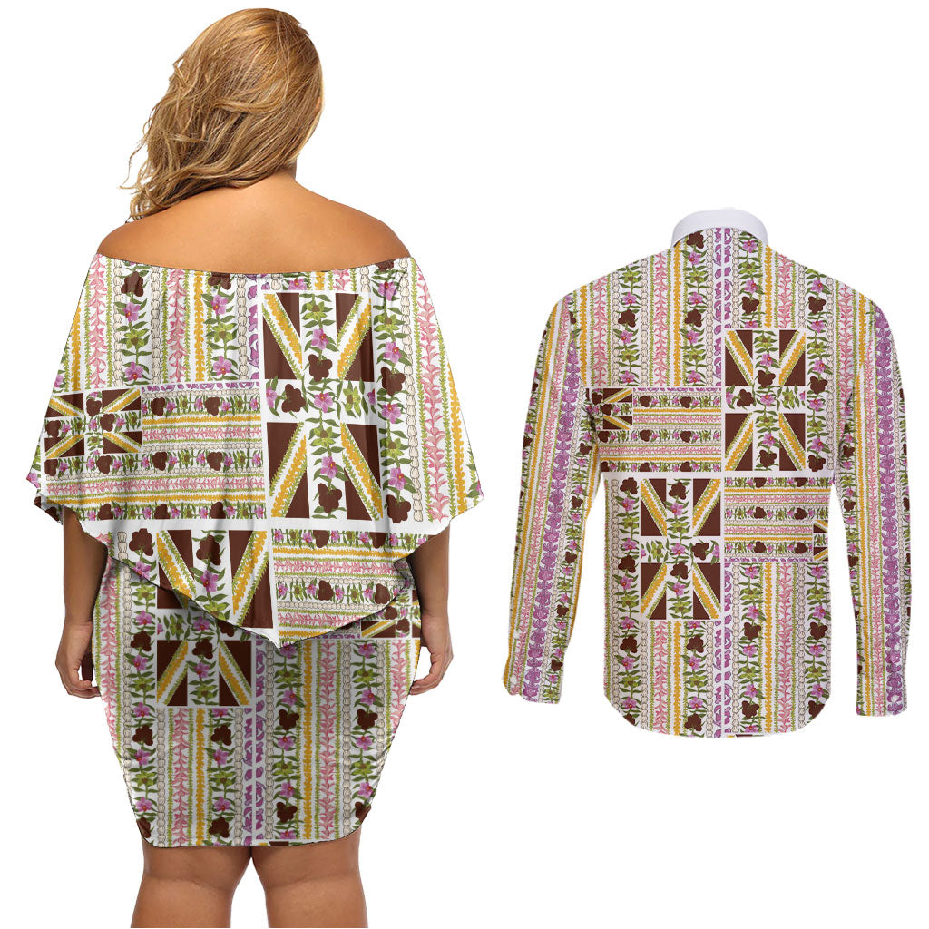 Hawaii Lokelani Pikake Lei Couples Matching Off Shoulder Short Dress and Long Sleeve Button Shirt Hawaiian Flag Motif