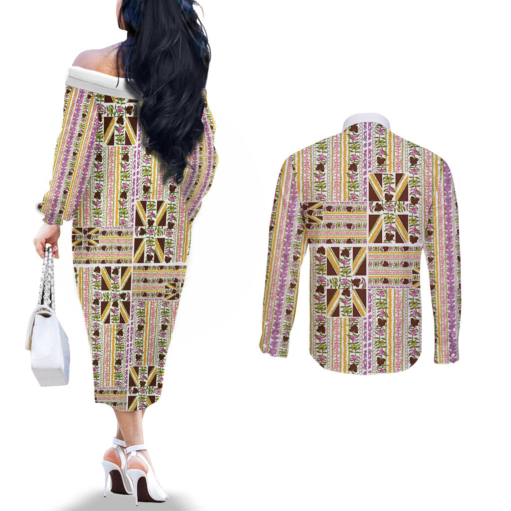Hawaii Lokelani Pikake Lei Couples Matching Off The Shoulder Long Sleeve Dress and Long Sleeve Button Shirt Hawaiian Flag Motif