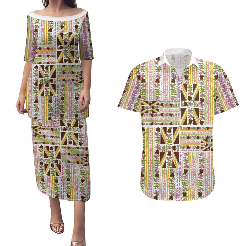 Hawaii Lokelani Pikake Lei Couples Matching Puletasi and Hawaiian Shirt Hawaiian Flag Motif