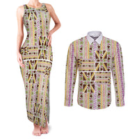 Hawaii Lokelani Pikake Lei Couples Matching Tank Maxi Dress and Long Sleeve Button Shirt Hawaiian Flag Motif