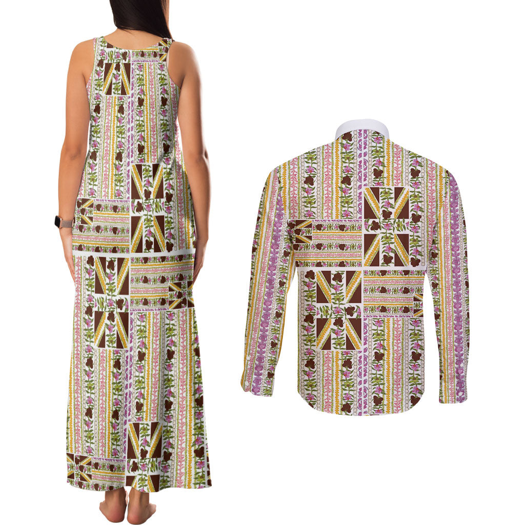 Hawaii Lokelani Pikake Lei Couples Matching Tank Maxi Dress and Long Sleeve Button Shirt Hawaiian Flag Motif
