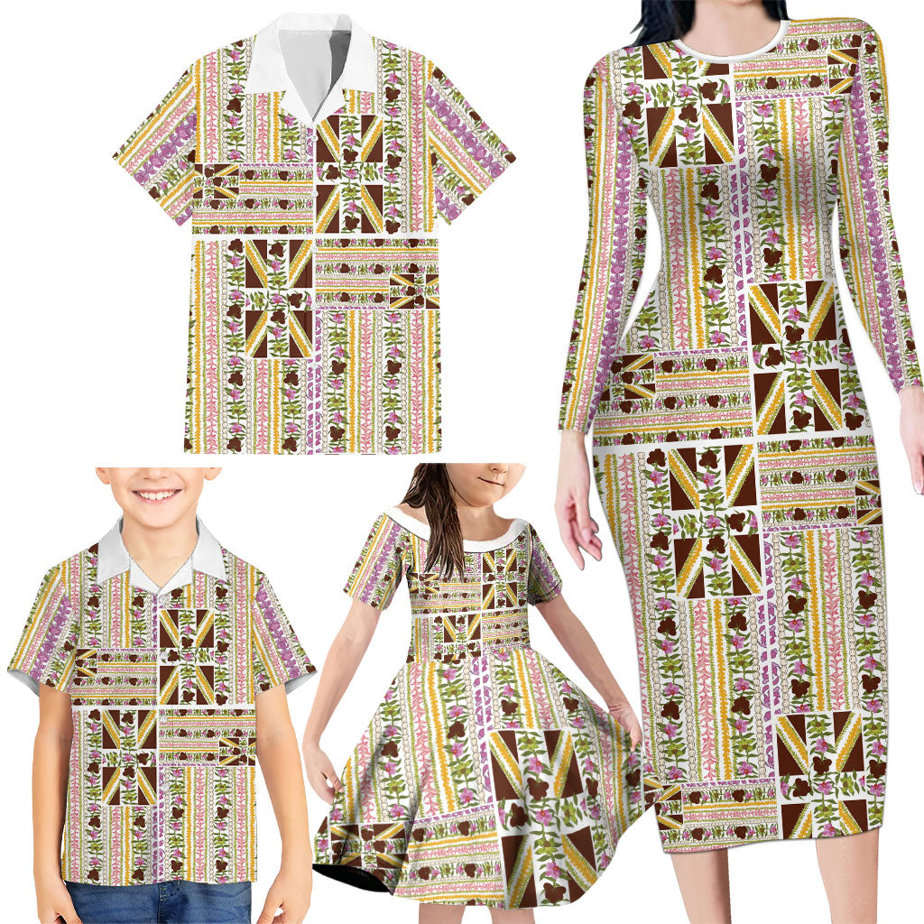 Hawaii Lokelani Pikake Lei Family Matching Long Sleeve Bodycon Dress and Hawaiian Shirt Hawaiian Flag Motif