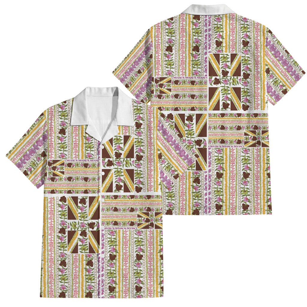 Hawaii Lokelani Pikake Lei Family Matching Mermaid Dress and Hawaiian Shirt Hawaiian Flag Motif LT9 Dad's Shirt - Short Sleeve White - Polynesian Pride