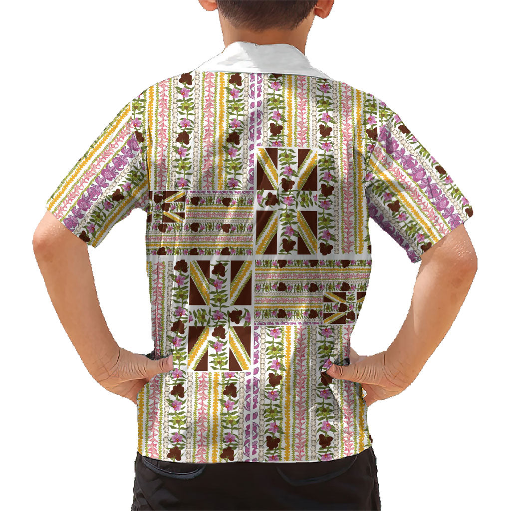 Hawaii Lokelani Pikake Lei Family Matching Off The Shoulder Long Sleeve Dress and Hawaiian Shirt Hawaiian Flag Motif