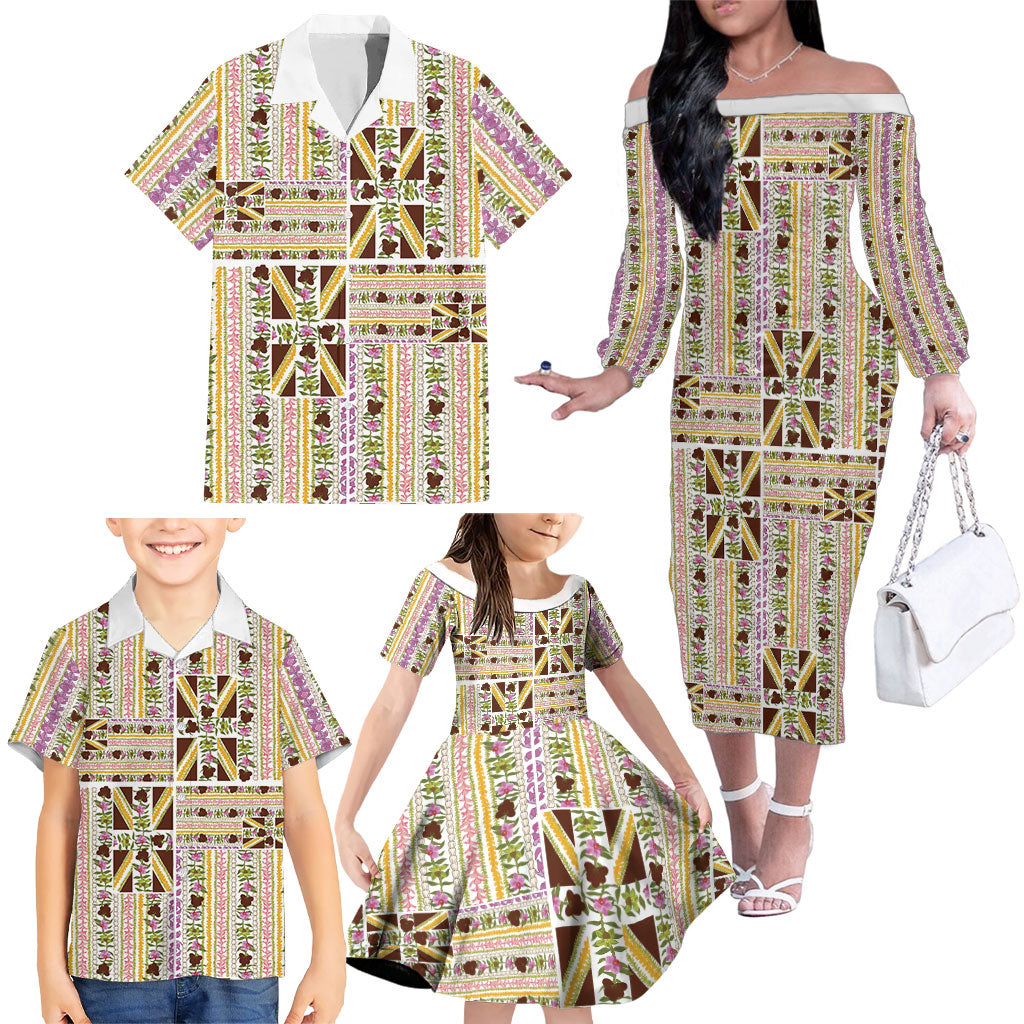 Hawaii Lokelani Pikake Lei Family Matching Off The Shoulder Long Sleeve Dress and Hawaiian Shirt Hawaiian Flag Motif