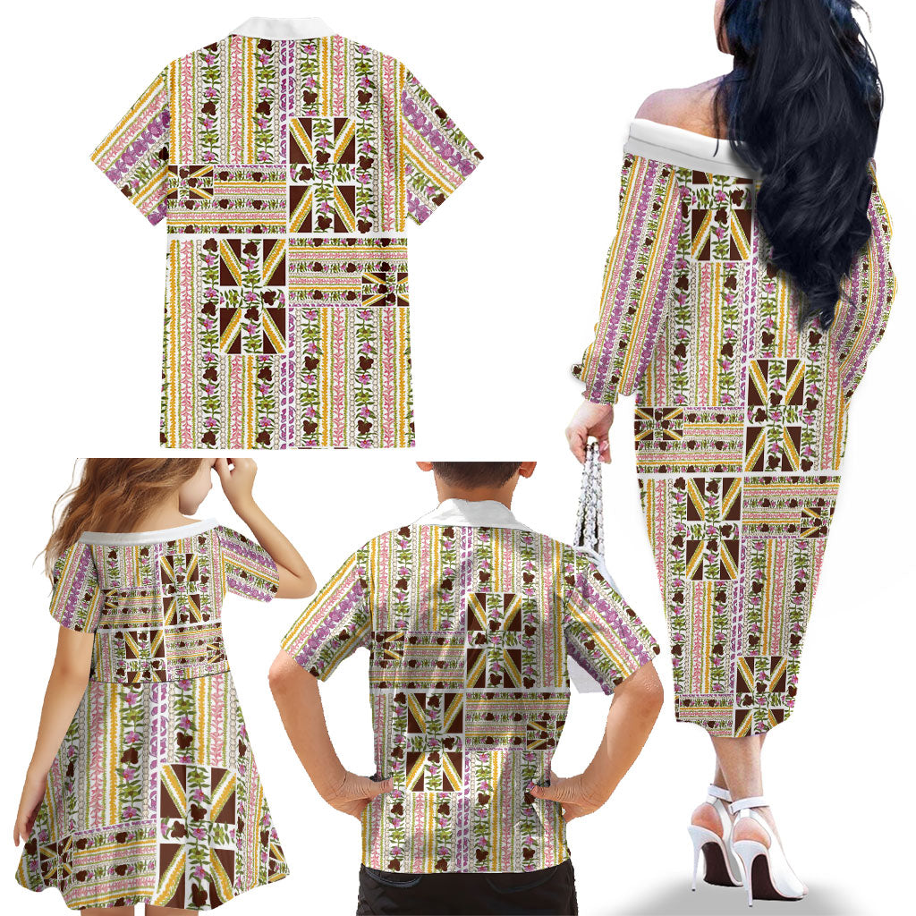 Hawaii Lokelani Pikake Lei Family Matching Off The Shoulder Long Sleeve Dress and Hawaiian Shirt Hawaiian Flag Motif