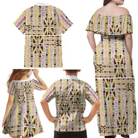 Hawaii Lokelani Pikake Lei Family Matching Off Shoulder Maxi Dress and Hawaiian Shirt Hawaiian Flag Motif