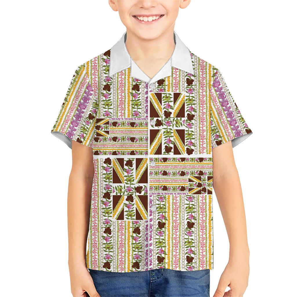 Hawaii Lokelani Pikake Lei Family Matching Off Shoulder Maxi Dress and Hawaiian Shirt Hawaiian Flag Motif