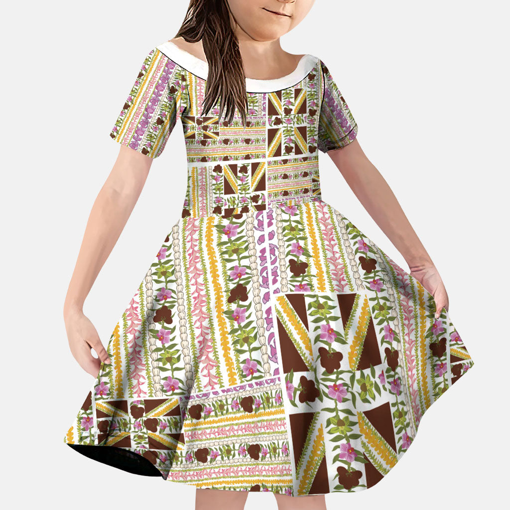 Hawaii Lokelani Pikake Lei Family Matching Short Sleeve Bodycon Dress and Hawaiian Shirt Hawaiian Flag Motif